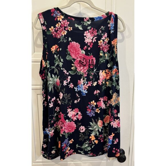 EUC 2xl Navy Floral Sleeveless Top Pink Orange Green Purple Twist Front - Picture 2 of 6